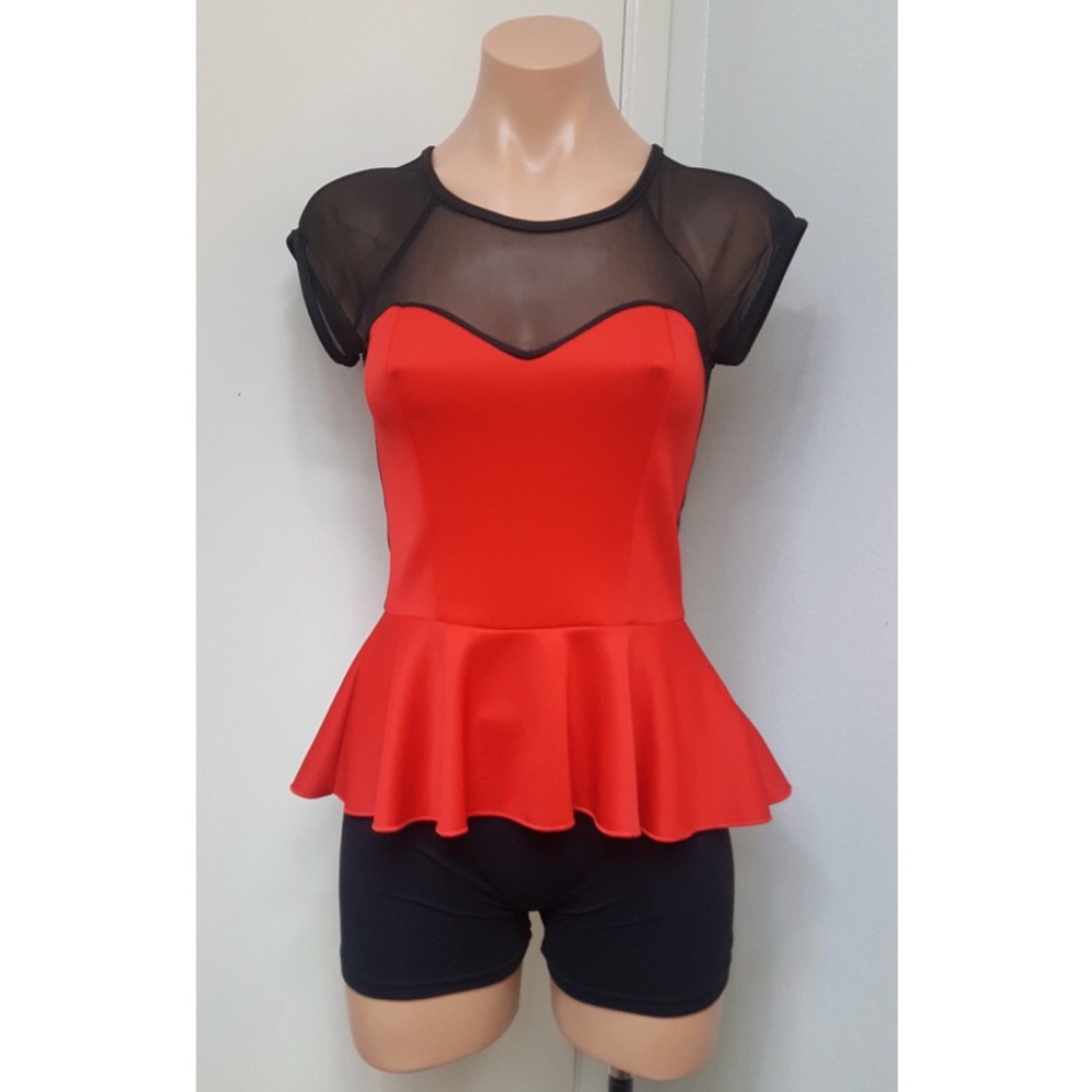 Short Sleeve Sheer Back Peplum Top
